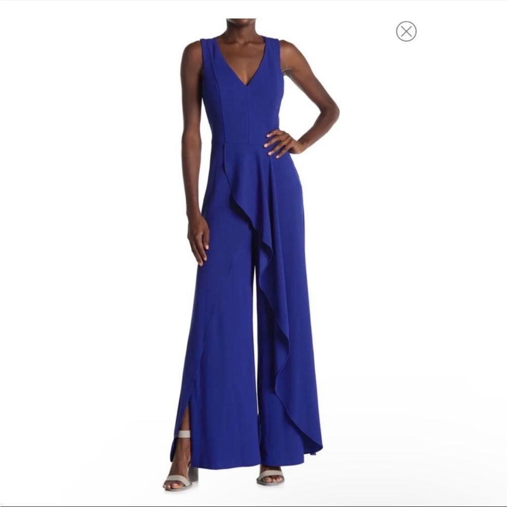 MARINA Cobalt V-Neck Ruffle Wide-Leg Jumpsuit
